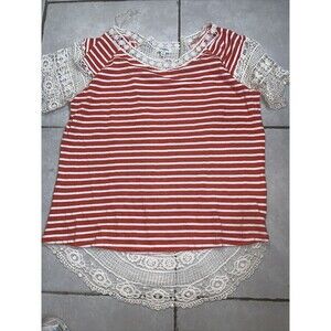 UMGEE Tops Crochet  Medium Women  Boho Shirt Striped Short Sleeve High/Low Red